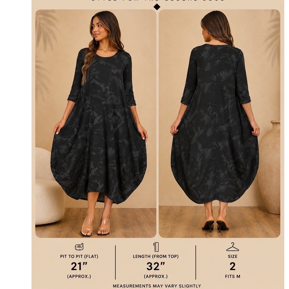 Porto San Francisco Black Abstract Print Tunic Dress Size 2 Italian Fabric L/S